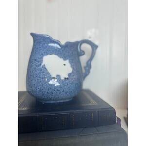 Blue Spongeware Calico China Pitcher With Pig 6-3/4” Tall